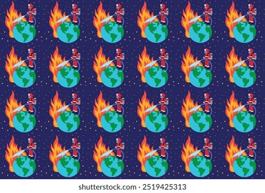 Firefighter putting out the fire on the planet, illustration, pattern, background