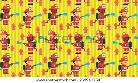 Firefighter putting out the fire, pattern background, fabric texture, paper
