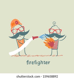 firefighter quenches a burning man