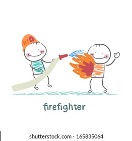 firefighter quenches a burning man