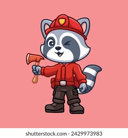 Firefighter Raccoon Cute Cartoon Illsutration