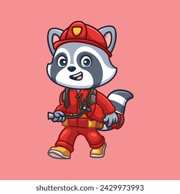 Firefighter Raccoon Cute Cartoon Illsutration