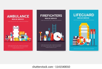 Firefighter, rafting, police, medicine rescue cards template set. Flat design icon of flyear, magazines, posters, book cover, banner. Emergency services layout concept pages with typography