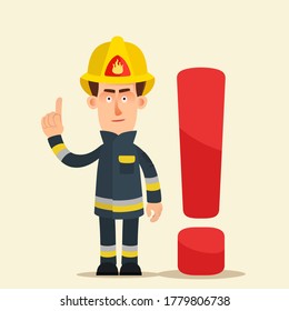 Firefighter raised index finger up while standing near a large exclamation mark. Important message from the fire department. Information, notification. Vector illustration, flat cartoon, isolated.