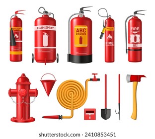 Firefighter realistic equipment for urgency and work, putting out fire. Vector isolated extinguisher tank with foam spray, water hydrant and bucket, shovel and hook, ax for rescuing people