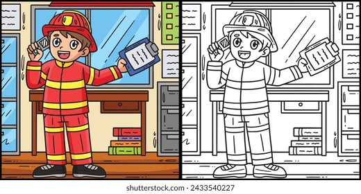 Firefighter Receiving Call Coloring Illustration