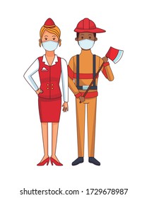 firefighter and receptionist using face masks vector illustration design