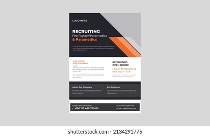 Firefighter recruitment flyer template, Fire safety banner design, Firefighting rescue and protection professional firefighters poster template.