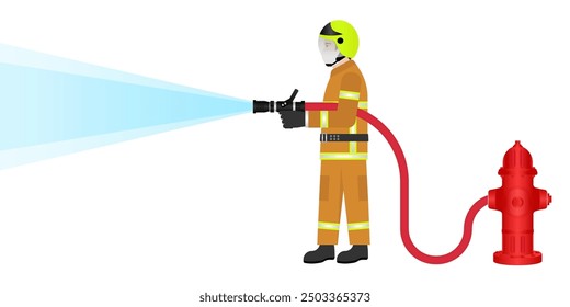 Firefighter with Red Hydrant. Vector Illustration Isolated on White Background.