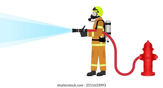 Firefighter with Red Hydrant. Vector Illustration Isolated on White Background.