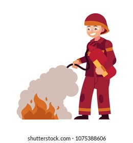 Firefighter in red protective uniform and helmet stands and extinguishes fire by spraying extinguisher. Flat cartoon vector illustration of male rescue worker isolated on white background.