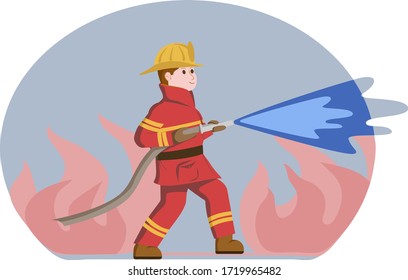 a firefighter in a red special suit extinguishes a fire - vector illustration