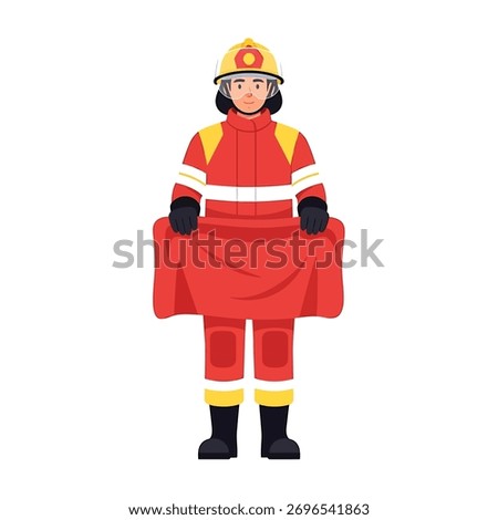 Firefighter in red uniform and helmet holding a blanket.