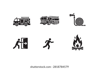 Firefighter rescue icons, emergency services, safety equipment, fire fighting tools, rescue operations symbols set.