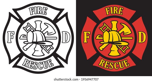 Firefighter Rescue Maltese Florian Cross in both Black Line Art and Red and Gold Color Isolated Vector Illustration
