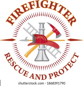 Firefighter Rescue and Protect is a design illustration that includes a fire department tools logo and text that says rescue and protect. Great promotional graphic for fireman and fire stations.