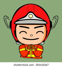 Firefighter and rescue show sign greeting and smile, vector