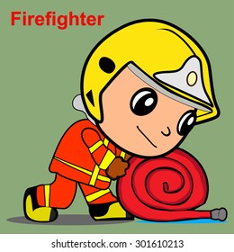 Firefighter and rescue show sign keep fire hose reel after used, vector