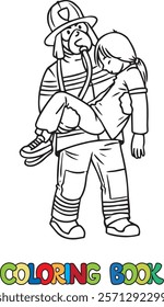 Firefighter with a rescued girl. Coloring book