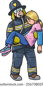 Firefighter with a rescued girl in his arms.