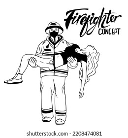 firefighter, rescuer carries an unconscious girl in his arms, rescues person from trouble, an emergency situation. Stressful situation, disaster, danger to life. doodle style.