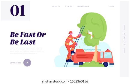 Firefighter Rescuer Occupation Website Landing Page. Brave Fireman in Red Protective Uniform and Helmet Climbing Up Truck Ladder to Save Cat from Tree Web Page Banner. Cartoon Flat Vector Illustration