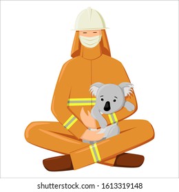 Firefighter Rescues Koala From Wildfire. Pray For Australia. Volunteer Fire Service. Concept. Fireman Helps Koala. Flat Vector Illustration.