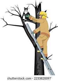 Firefighter Rescuing Cat Vector Illustration