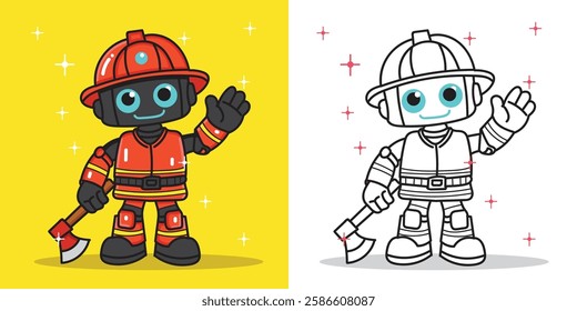 a firefighter robot for design element or coloring book element