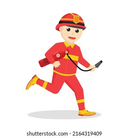 firefighter run and holding fire tube on white background