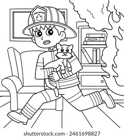 Firefighter Running Away with a Cat Coloring Page