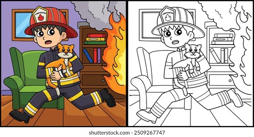 Firefighter Running Away with a Cat Illustration