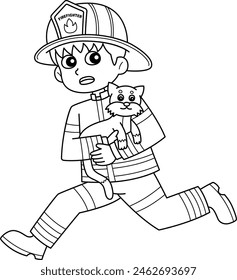 Firefighter Running Away with a Cat Isolated 