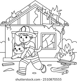 Firefighter Running Away with a Cat Outline Coloring Page. Labor Day Hand Drawn Clip Art