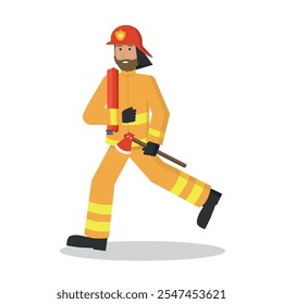 Bombero corriendo con una manguera de fuego y un hacha. Ilustración vectorial en un estilo plano.