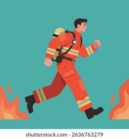 Firefighter Running Through Flames in Protective Gear