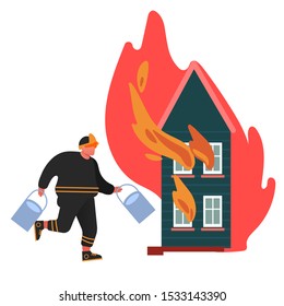 Firefighter Running with Water to Rescue Burning House. Fireman in Uniform, Fire Department Rescuer Concept of Equipment Set, Hydrant, Extinguisher. Cartoon Vector Illustration 