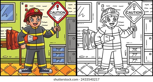 Firefighter with Safety Sign Coloring Illustration