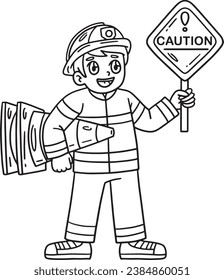 Firefighter with Safety Signs Isolated Coloring 
