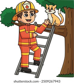 Firefighter Saving a Cat Cartoon Colored Clipart