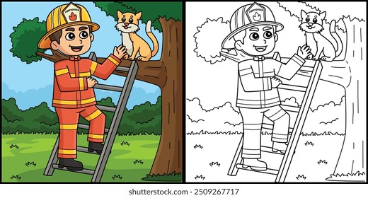 Firefighter Saving a Cat Coloring Illustration