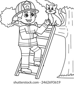 Firefighter Saving a Cat Isolated Coloring Page