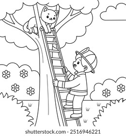 Firefighter saving a cat on a tree  outline coloring page. Labor Day illustration