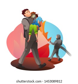 Firefighter Saving Child Flat Vector Illustration. Brave Firemen And Victim Cartoon Characters. Brave Rescuer Carrying Little Girl In Gas Mask. Man In Uniform Holding Hose, Extinguishing Fire