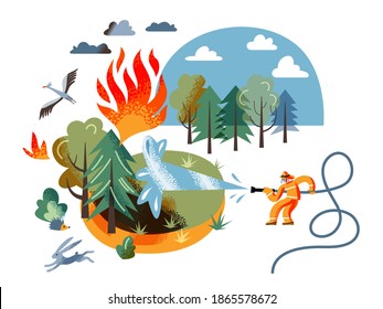 Firefighter saving forest from fire. Rescuing animals from burning forest. Fire department emergency vector illustration. Man with water from hose helping nature. Trees, grass, animals running.