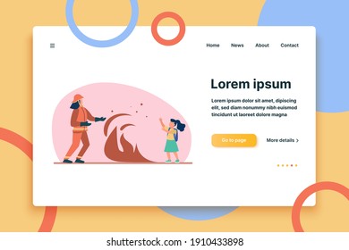 Firefighter saving girl life. Flame between firemen in protective suit and child with schoolbag flat vector illustration. Fire hazard, emergency concept for banner, website design or landing web page