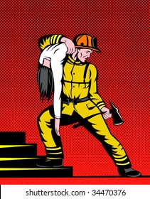 Firefighter saving girl on red background with halftone screen
