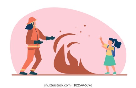 Firefighter saving girls life. Flame between firemen in protective suit and child with schoolbag, flat vector illustration. Fire hazard, emergency concept for banner, website design or landing web page