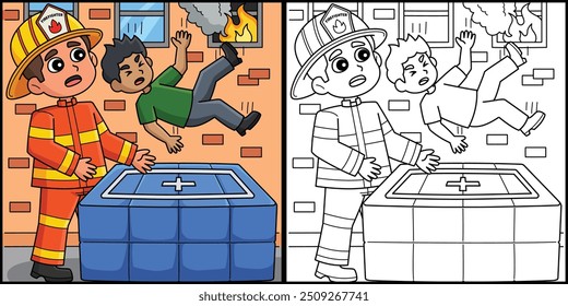 Firefighter Saving the Kid Coloring Illustration