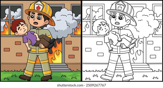 Firefighter Saving the Kid Coloring Illustration